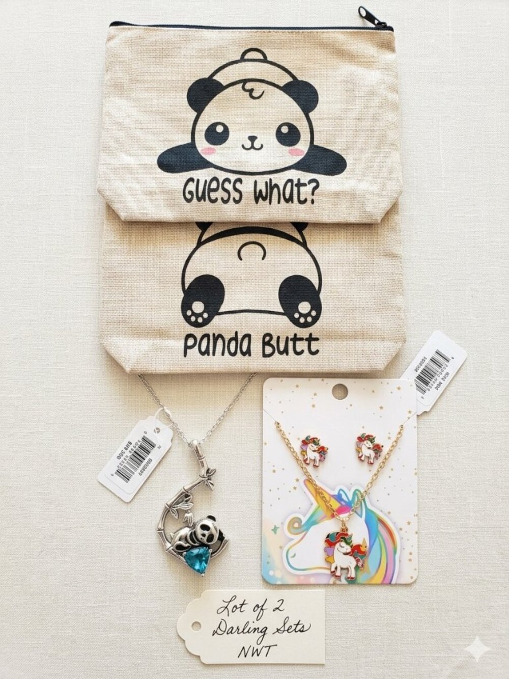 NWT Panda & Unicorn Gift Set Silver Necklace Makeup Bag Jewelry Lot Cute Fantasy